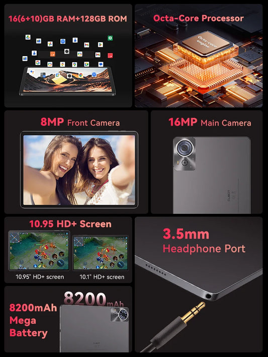 Cubot TAB 70, 2025 New Tablet Android 14, Octa-Core, 16GB RAM(6GB+10GB), 128GB ROM, 10.95" HD+ Screen, 8200mAh, GPS, Face ID