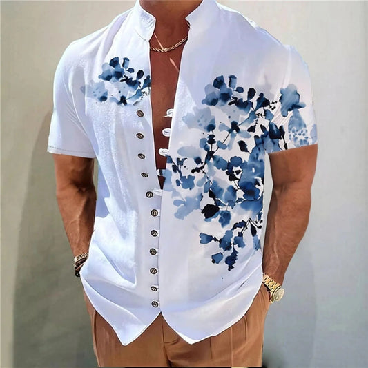 Mens 3d Digital Printing Pocket Buckle Lapel Short Sleeve Shirt Vintage Y2k Clothing Tee Comfortable Cotton Brand Shirt