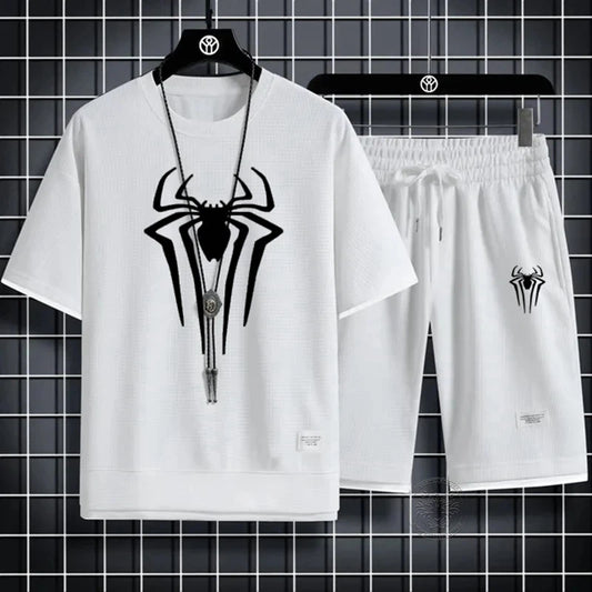 Summer Men's Spider Print T-shirt + Shorts Suit Casual Two-piece Waffle Sportswear 2024 Fashionable and Comfortable Suit M-3XL