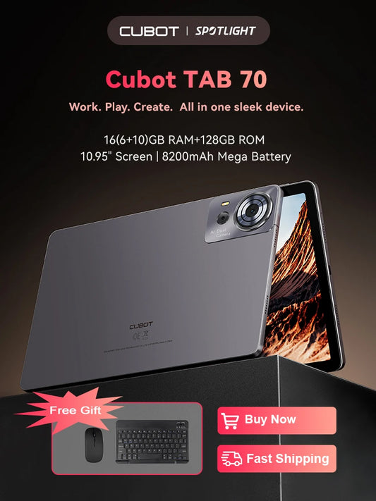 Cubot TAB 70, 2025 New Tablet Android 14, Octa-Core, 16GB RAM(6GB+10GB), 128GB ROM, 10.95" HD+ Screen, 8200mAh, GPS, Face ID