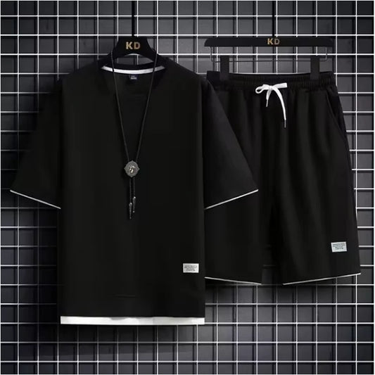 Men's new Waffle Summer Suit 2025 Casual T-shirt + Shorts Suit Men's Tracksuit Solid color tracksuit loose suit