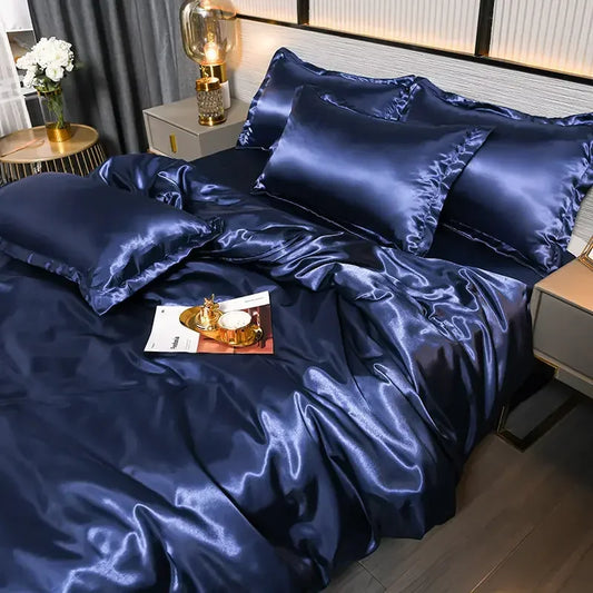 Nordic Satin Silk Bedding Set with Duvet Cover Bed Sheet Pillowcases Luxury Solid Single Double Couple Pillow Case Bedsheet